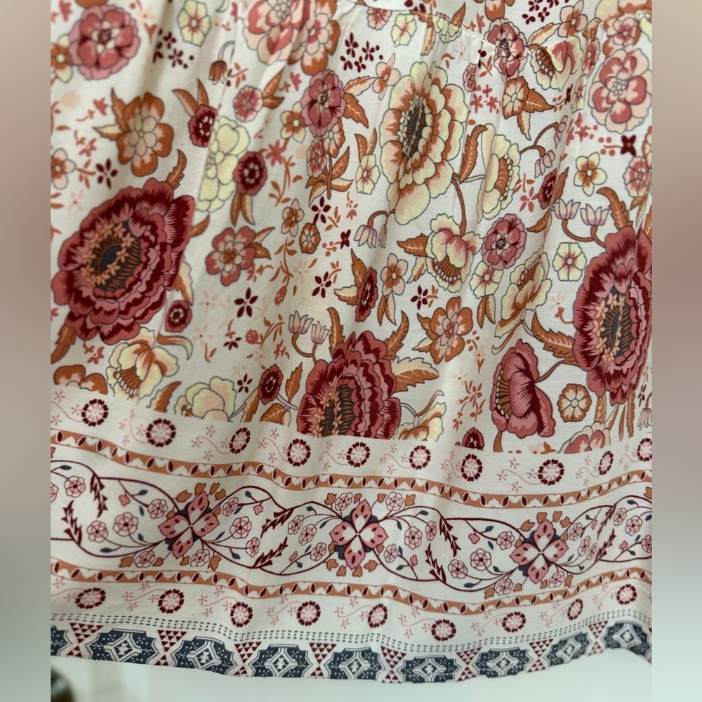 Merokeety Cream Pink Flowing Boho Cottage Tiered Floral Prairie Skirt, Size S - Picture 9 of 11